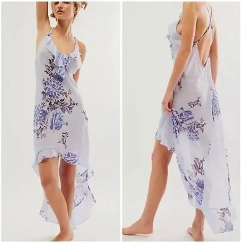 NWOT Free People Getting Out Slip Floral Print Ruffle Asymmetrical Dress Sz L